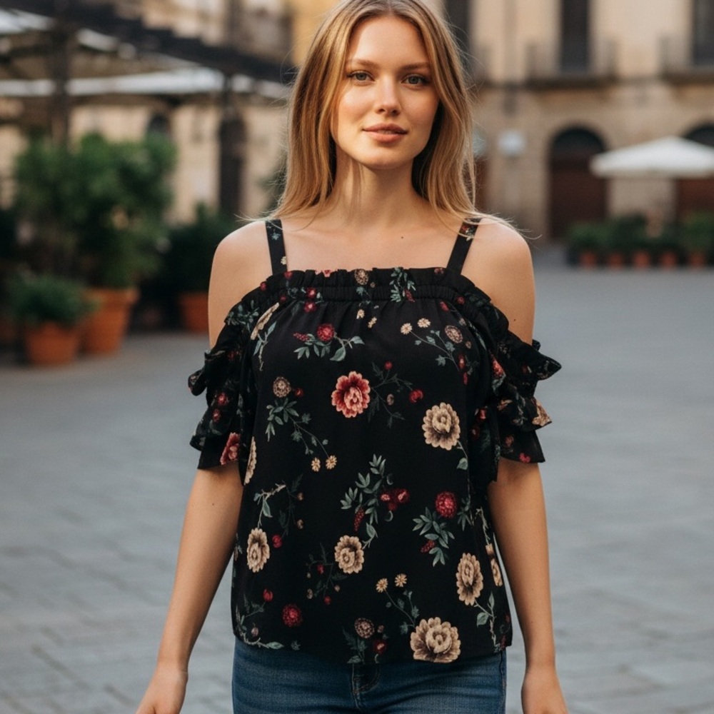 Famous Skies are Blue Large Petite Floral Black Off-Shoulder Top w Ribbon Detail